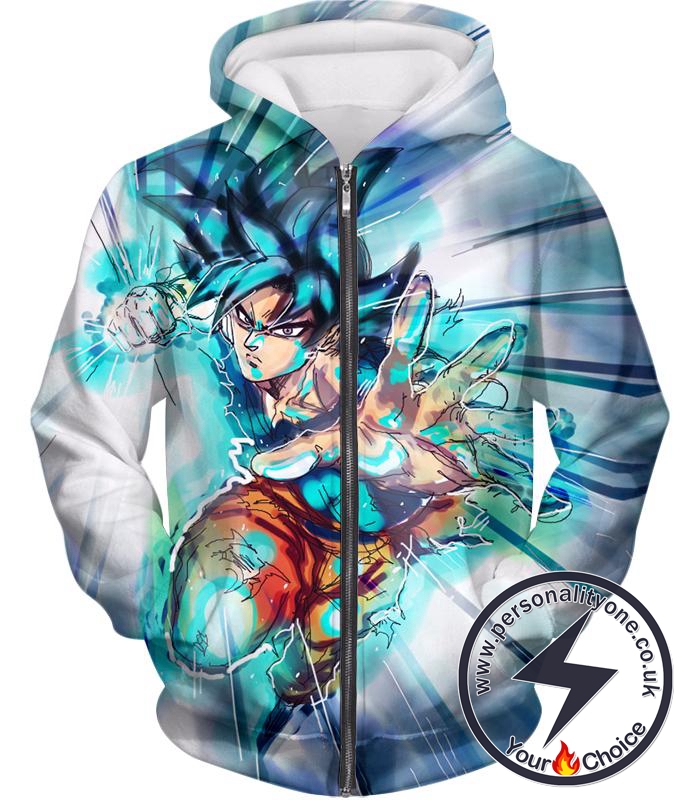 Dragon Ball Super Very Cool Goku Super Saiyan Blue Ultra Instinct Action White Zip Up Hoodie